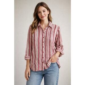Baxter & Wells Textured Stripe Button Down Shirt Women Small Red White Boho